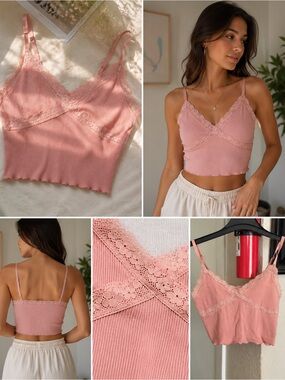 Fashion Nova Dusty Rose Lace-Trim Ribbed Bandeau Cami
